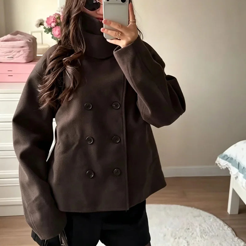 Winter Women's Black Fall Winter Double Breasted Belted Coat High Neck Long Sleeve Short Peacoat Elegant Casual Warm Outerwear