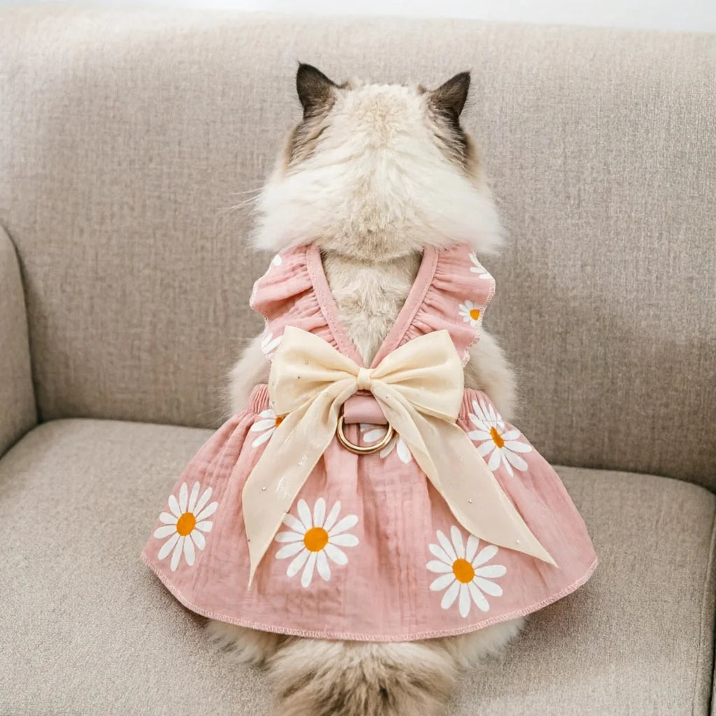 Daisy Print Pet Harness Dress Ruffle Straps Big Sheer Bow D Ring Traction Skirt Summer Thin Clothes for Small Dogs Cats