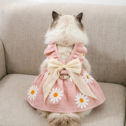 Daisy Print Pet Harness Dress Ruffle Straps Big Sheer Bow D Ring Traction Skirt Summer Thin Clothes for Small Dogs Cats