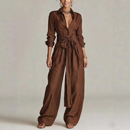Women Brown Jumpsuit  Outfit Lapel Long Sleeve Button Shirt High Waist Belt Tie Wide Leg Pants Elegant Office Vacation Jumpsuits