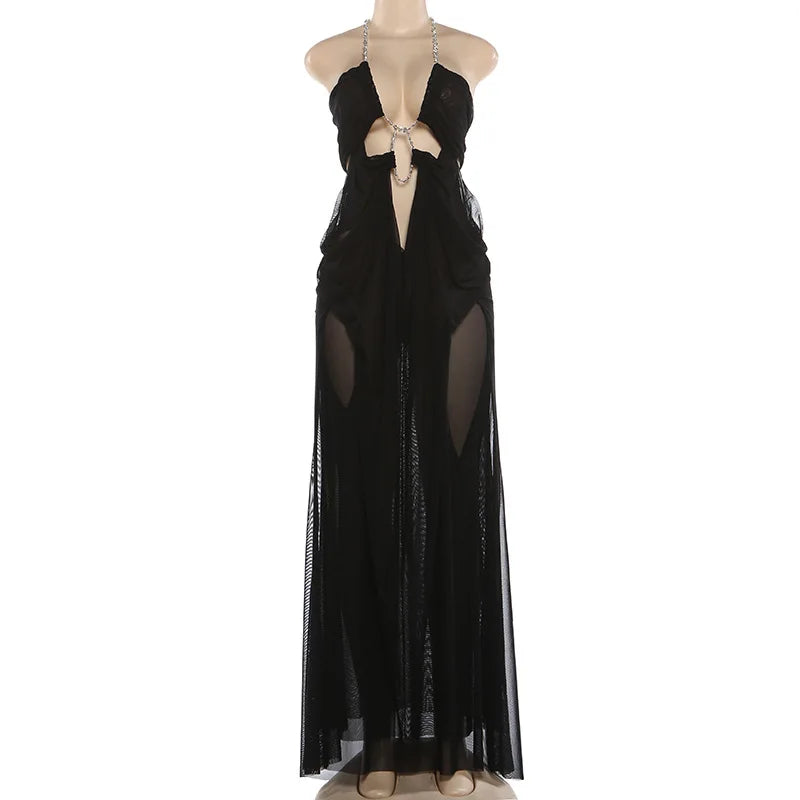 Prom Party Gown Dress Woman Sexy See Through Luxury Chain Halter Low-Neck Backless Sleeveless Midnight Elegant Vestidos