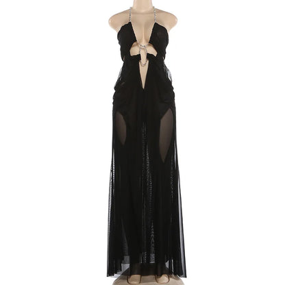 Prom Party Gown Dress Woman Sexy See Through Luxury Chain Halter Low-Neck Backless Sleeveless Midnight Elegant Vestidos