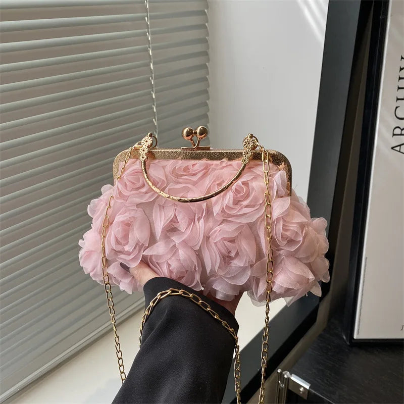 Luxury Women Chain Shoulder Bag Chiffon 3D Flower Banquet Bag Fashion Evening Bags Fashion Clutch Handbag Trendy Crossbody Bag