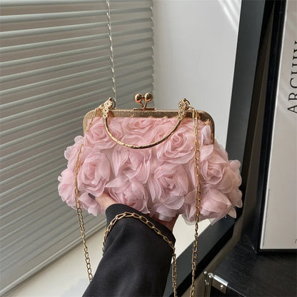 Luxury Women Chain Shoulder Bag Chiffon 3D Flower Banquet Bag Fashion Evening Bags Fashion Clutch Handbag Trendy Crossbody Bag