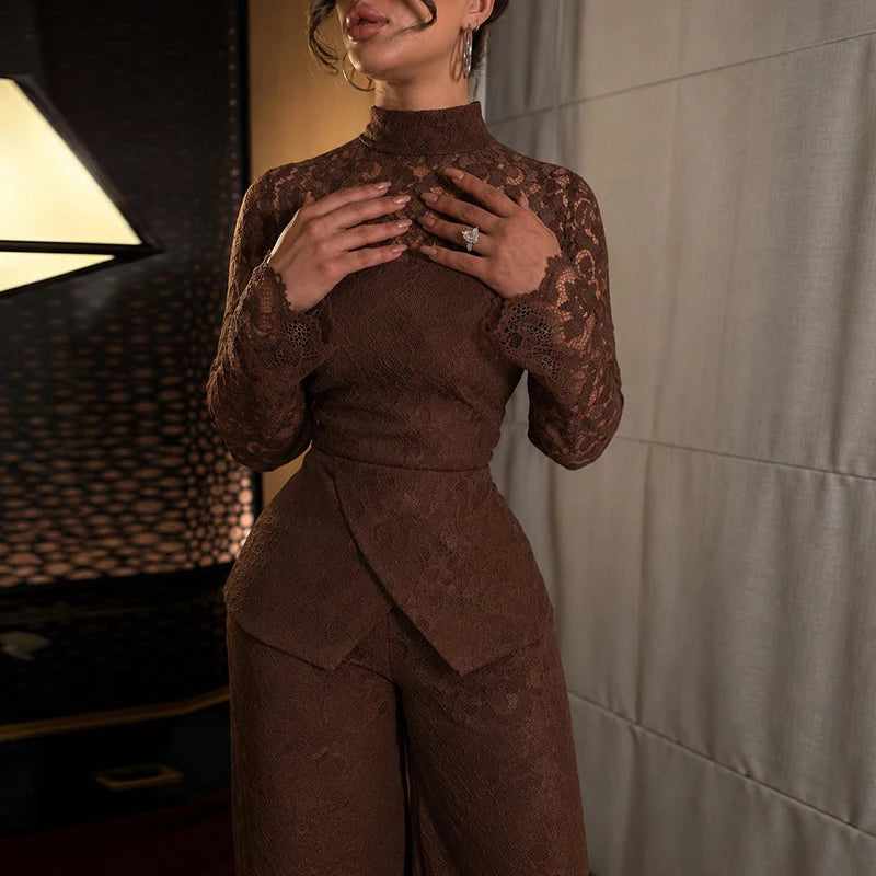 Autumn New Long Sleeve Playsuits Overalls French Style Lace Turtleneck Jumpsuits Elegant Solid Color Hollow Out Wide Leg Rompers
