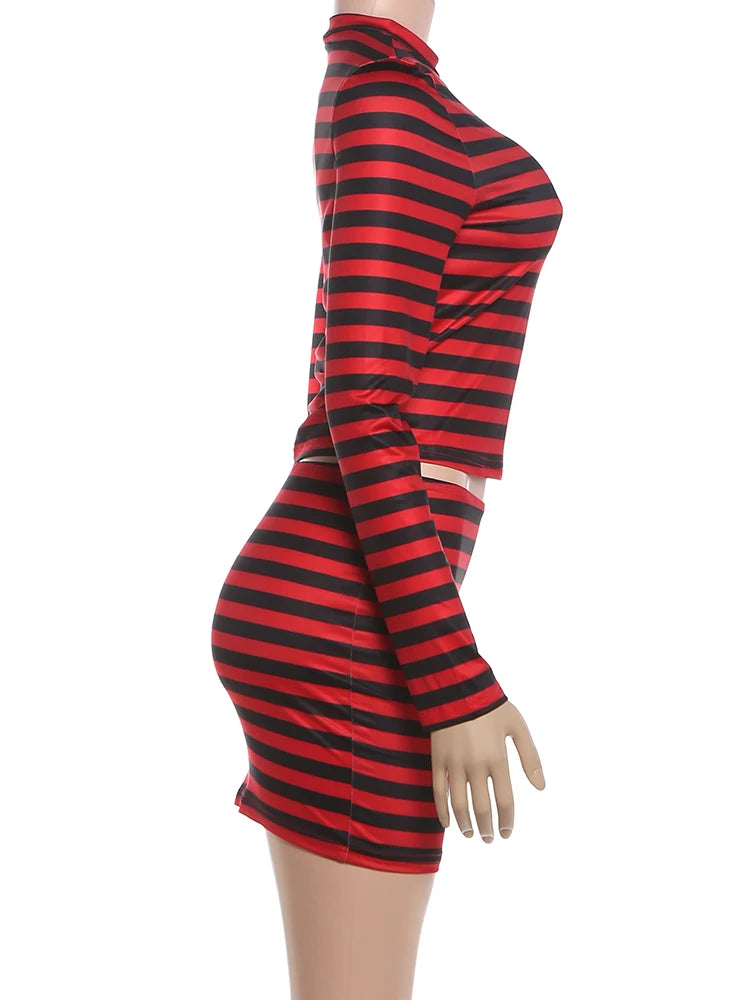 Weird Puss Striped Print 2-Piece Set Women O-Neck Full Sleeve Crop Tops+Mini Simple Skirt Spring Trend Skinny Classic Party Suit