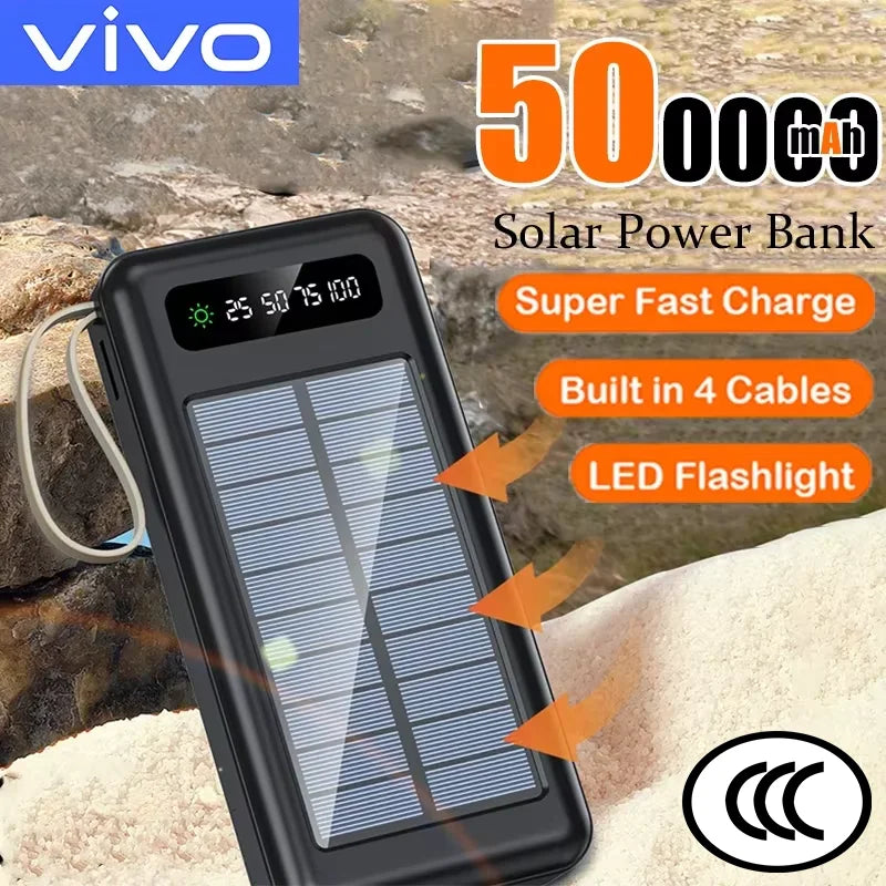 VIVO 200000mAh Solar Power Bank Large Capacity Mobile Power Fast Charging Battery Dual USB 4 Cables For iPhone Samsung Huawei