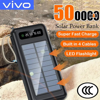 VIVO 200000mAh Solar Power Bank Large Capacity Mobile Power Fast Charging Battery Dual USB 4 Cables For iPhone Samsung Huawei