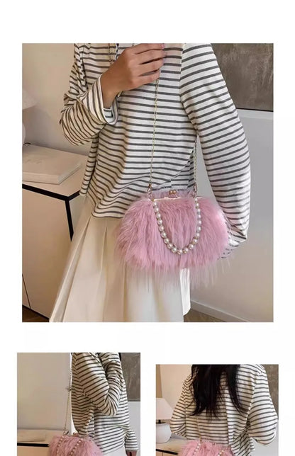 Beading Chain Women's Evening Plush Handbags Faux Fur Tassel Ladies Shoulder Bag Elegant Female Crossbody Bags Party Furry Purse