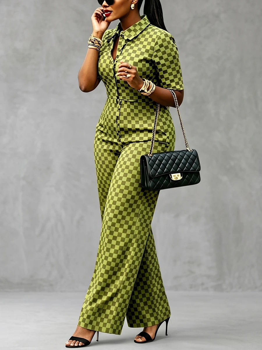 Modigirl Women Checkerboard Print Jumpsuit Lapel Collar Short Sleeve High Waist Wide Leg Rompers Casual Streetwear Jumpsuits