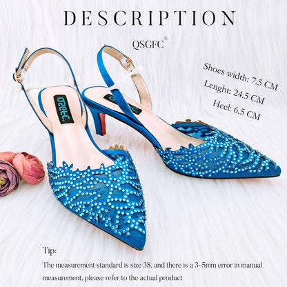 Nigerian Style Elegant Women's Party Shoes  Luxury Full of Diamonds Shoes Sky Blue Pointed High Heel Shoe Bag Set