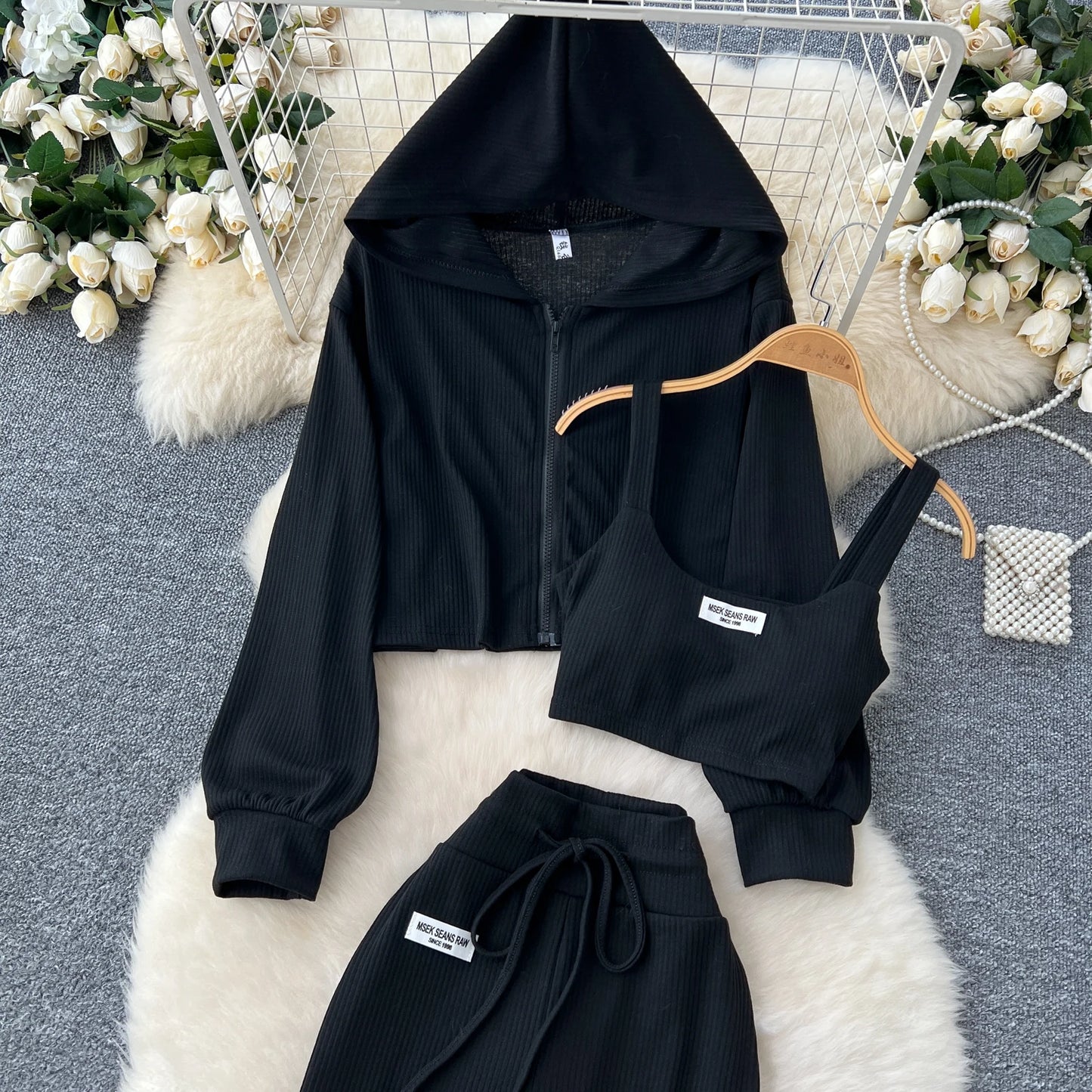 SINGREINY 2026 Autumn Sporty Suits Ladies Full Sleeves Hoodies+Sling Mini Camis+Drawstring Long Pants Casual Three Pieces Sets