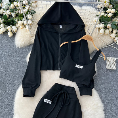 SINGREINY 2026 Autumn Sporty Suits Ladies Full Sleeves Hoodies+Sling Mini Camis+Drawstring Long Pants Casual Three Pieces Sets