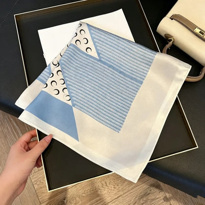 100% Natural Mulberry Silk Square Scarf 53x53cm Blue White Moon Print Women Neck Scarf Headband Bag Scarf Elegant Gift