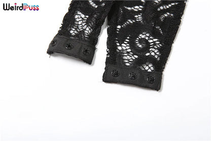 Weird Puss See Through 2 Piece Set Women Sexy  Hollow Jacquard Backless Bodysuit+Leggings Tight Activity Clubwear Skinny Outfits