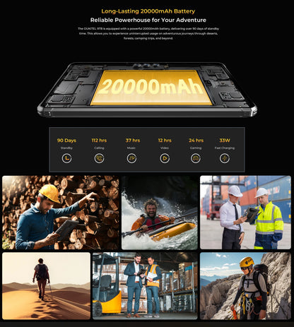 Oukitel RT8 Rugged Tablet 20000mAh 33W, 11" FHD+ Display 6GB+256GB Helio G99 48MP Camera, NFC Tablets PC with Stand, Android 15