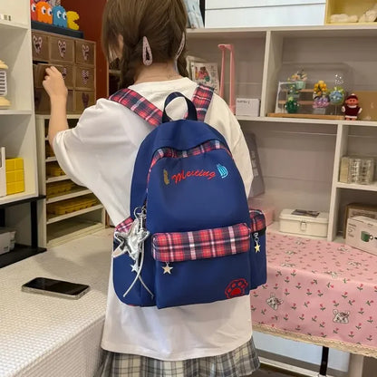 Preppy Style Blue Backpack for Girls, Plaid Spliced School Bag, Cute Nylon Daypack Star Pendant, Large Capacity Student Rucksack