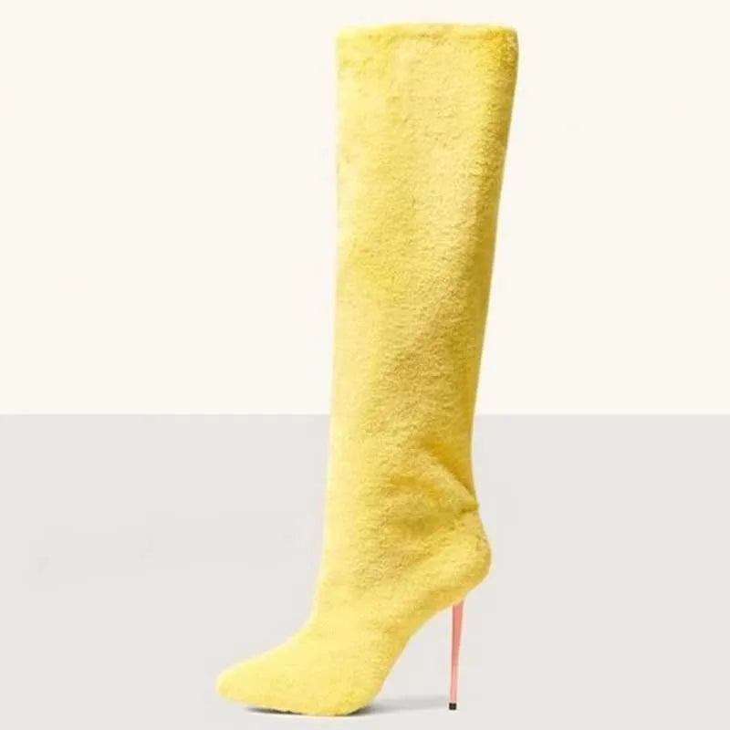 Lemon Yellow Fur Knee High Boots Women Full Fluffy Fur Pointed Toe Orange High Heels Winter Boots Female Fashion Warm Snow Shoes