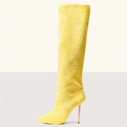 Lemon Yellow Fur Knee High Boots Women Full Fluffy Fur Pointed Toe Orange High Heels Winter Boots Female Fashion Warm Snow Shoes