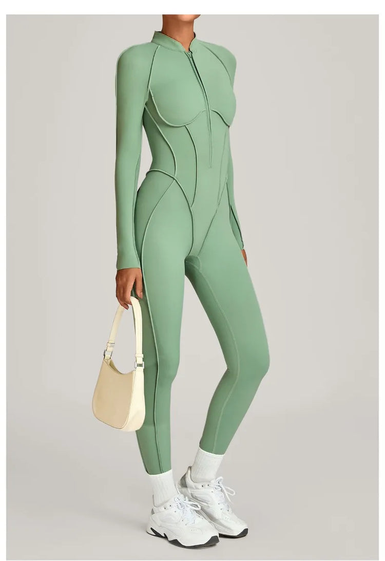 Women's Winter Yoga Jumpsuits Sports Fitness Hip-Lifting Slimming One-piece Zipper Long-Sleeved Outdoor Gym Workout Bodysuits