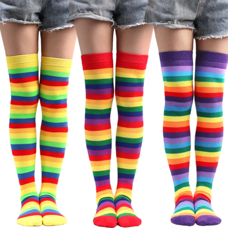 Women Fancy Rainbow Stripes Over Knee Long Socks Elbow Gloves Set Halloween Cosplay Costume Knitted Stretchhy Thigh High