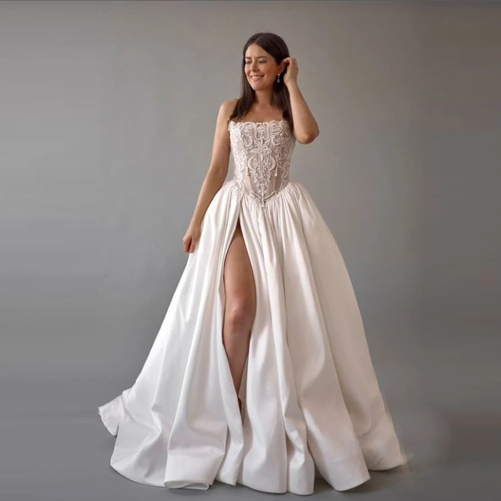 Elegant Off White Satin Women Wedding Dresses Sexy Sleeveless A-Line Gowns Mopping Length Banquet Vestidos De Novias Customized