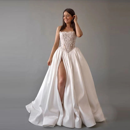 Elegant Off White Satin Women Wedding Dresses Sexy Sleeveless A-Line Gowns Mopping Length Banquet Vestidos De Novias Customized