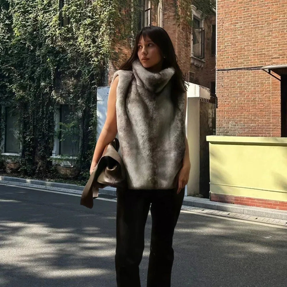 Trendy Outerwear Eco Mink Fur Turtleneck Tank Tops Fluffy High Collar Crop Top Thicken Layering Piece Sable Vest Women's Apparel