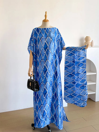 New Fashion Summer Dress With Big Scarf Dubai Turkey Kaftan Muslim Loose Abaya Women African Casual Flower Shawl Robe Moomoo