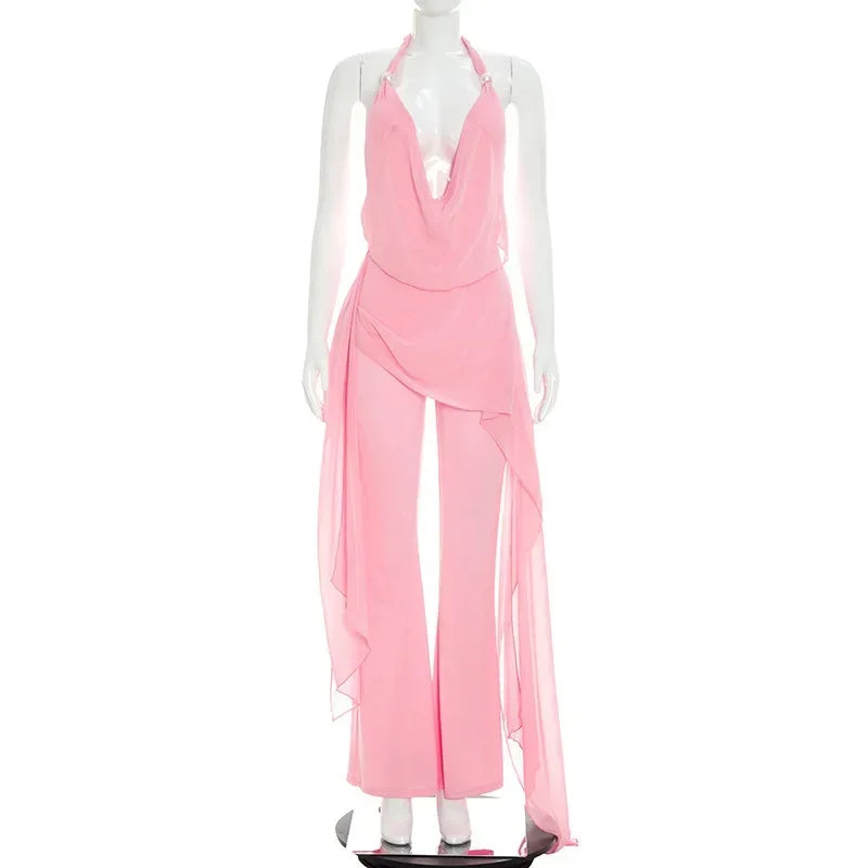 Summer Sexy Backless Halter Chiffon Jumpsuits Women Club Party Rompers Bodycon Fashion Sleeveless V Neck Overalls Beach Vacation