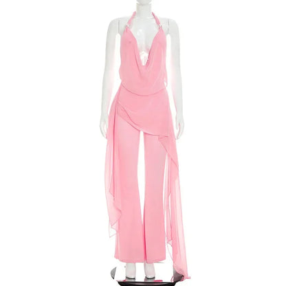 Summer Sexy Backless Halter Chiffon Jumpsuits Women Club Party Rompers Bodycon Fashion Sleeveless V Neck Overalls Beach Vacation