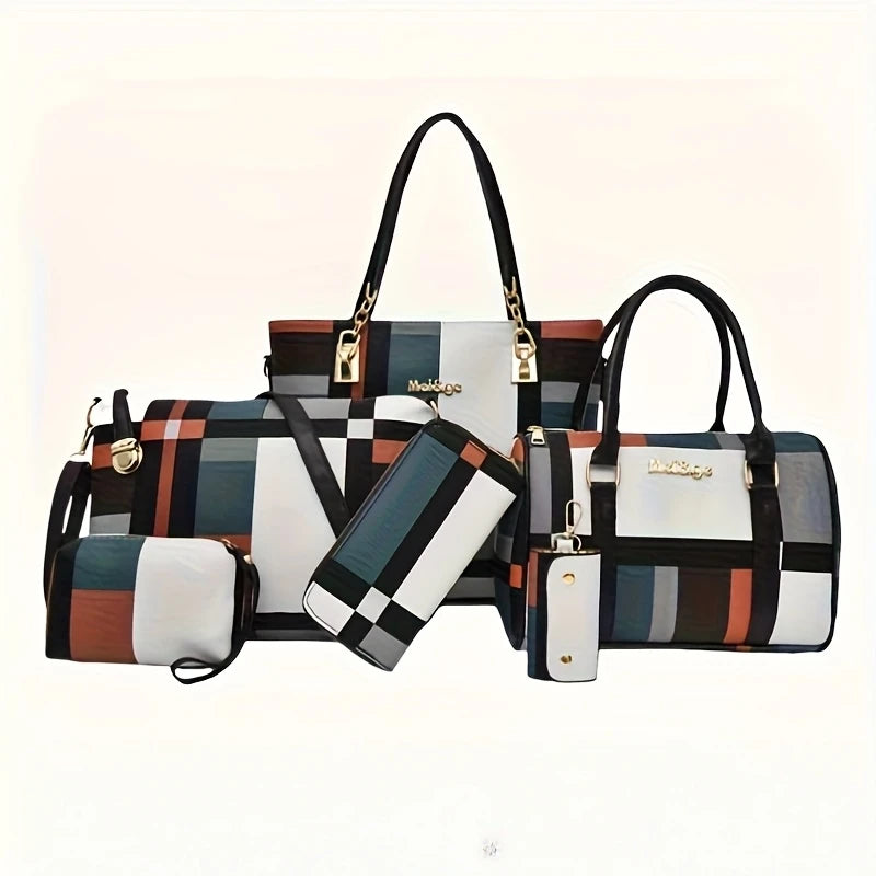6 Pcs Women Plaid Handbag Set Fashion Checkered PU Leather Tote Shoulder Crossbody Bag Ladies Clutch Purse Card Coin Wallet Multi-piece Bag Set For Daily Shopping Party