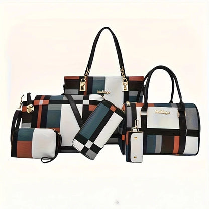 6 Pcs Women Plaid Handbag Set Fashion Checkered PU Leather Tote Shoulder Crossbody Bag Ladies Clutch Purse Card Coin Wallet Multi-piece Bag Set For Daily Shopping Party
