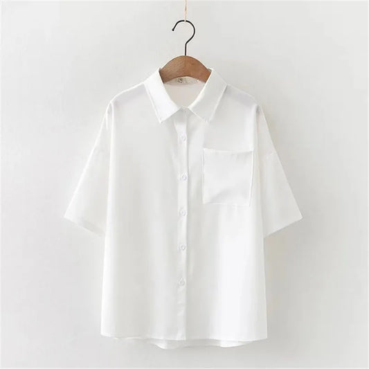 JP Women White Blouses Short Sleeve White Shirt Summer Top Lapel Solid cosplay JK Shirt Korean Casual Female Blusas Preppy Style