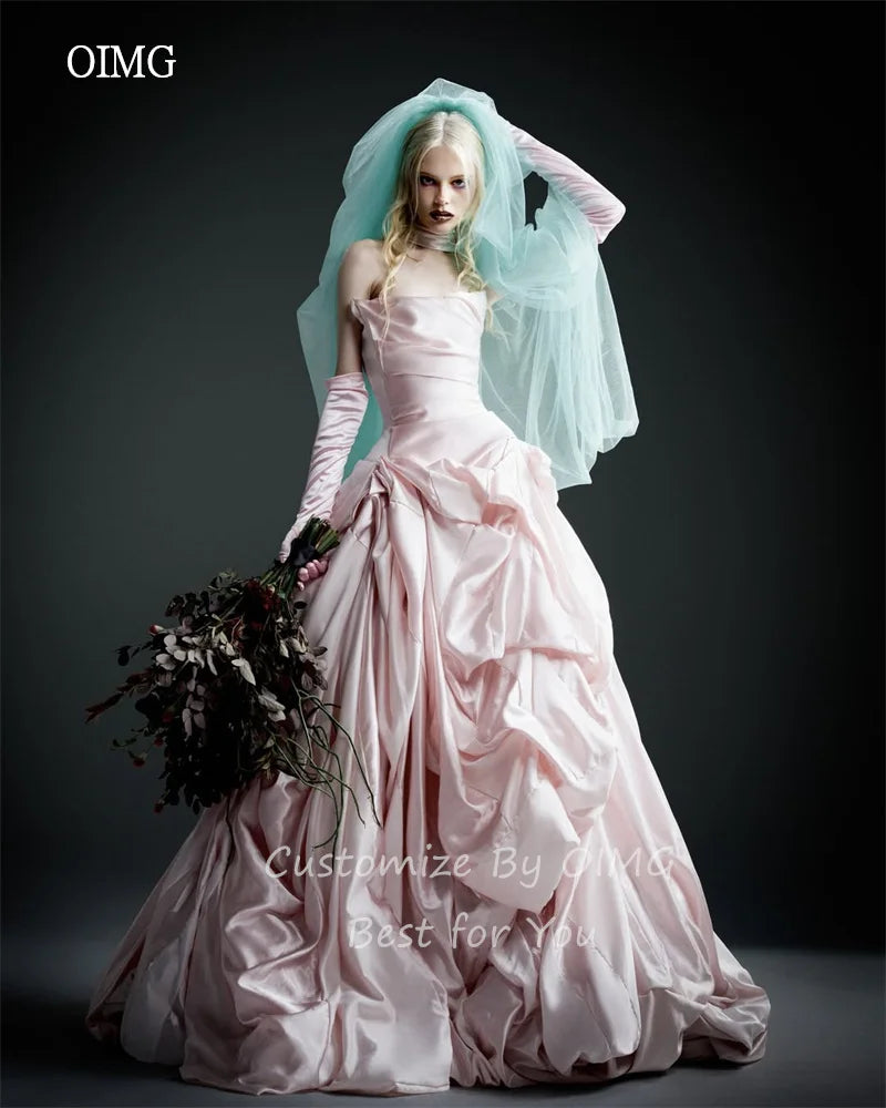 OIMG Luxurious Pink Strapless Ball Prom Gowns Backless Pleated Party Gown Floor Length Evening Dress vestidos de gala Customized