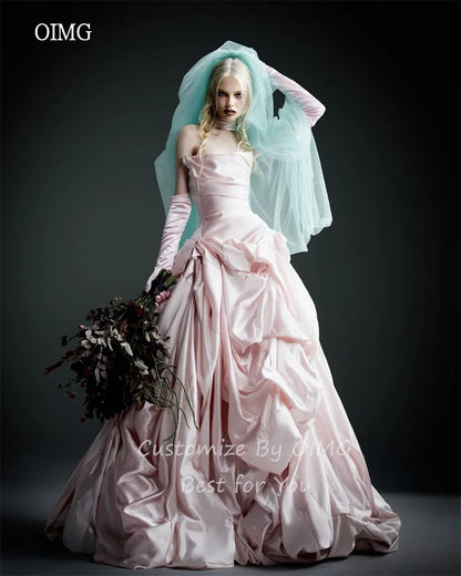 OIMG Luxurious Pink Strapless Ball Prom Gowns Backless Pleated Party Gown Floor Length Evening Dress vestidos de gala Customized