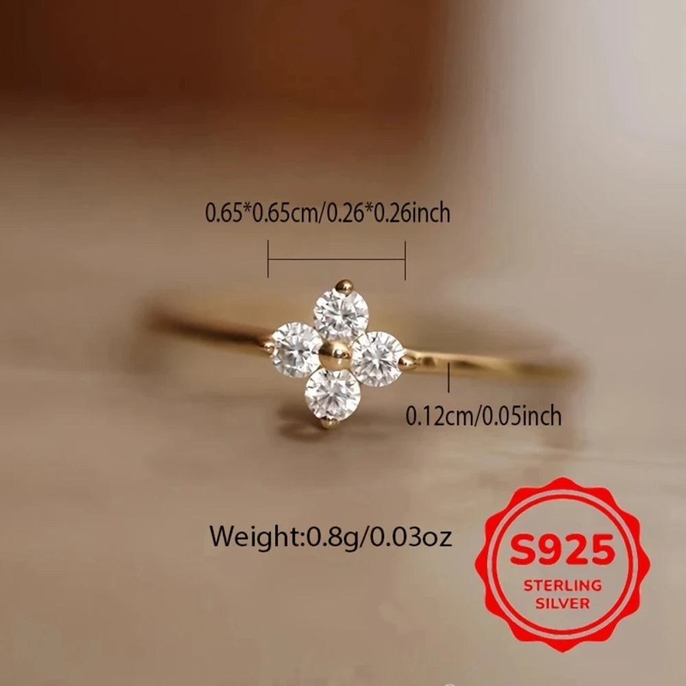 925 Thai Silver Inlaid Four Leaves Clover Zirconia Flower Ring for Women Simple Elegant Good Luck Anniversaries Jewelry Gift