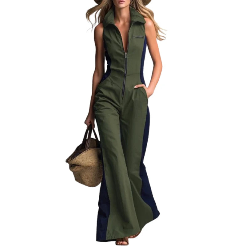 UOOZEE Women's Fashion Contrast Color Pockets Zipper Lapel Jumpsuits 2026 New Summer Sleeveless Wide Leg Casual Office Overalls