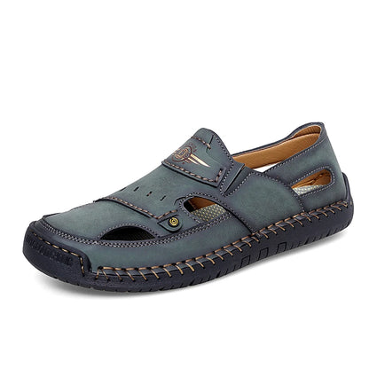 Mens Walking Shoes Summer Breathable Leather Hand Sewn Minimalist Baotou Flat Shoes Soft Elastic Daily Casual Male Sandalia