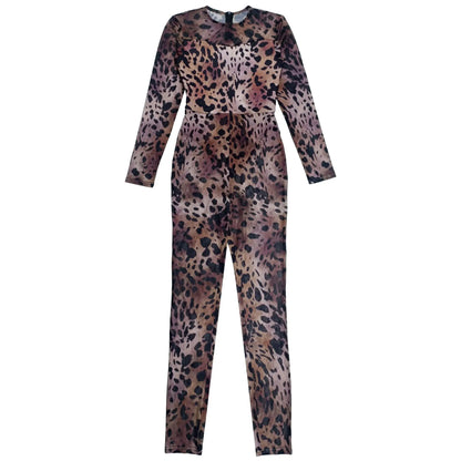 Sexy Bodycon Jumpsuits Women Clothes Leopard Mesh Print Semi Perspective Jump Suit Long Sleeve Bodysuit Nightclub Club Clothes