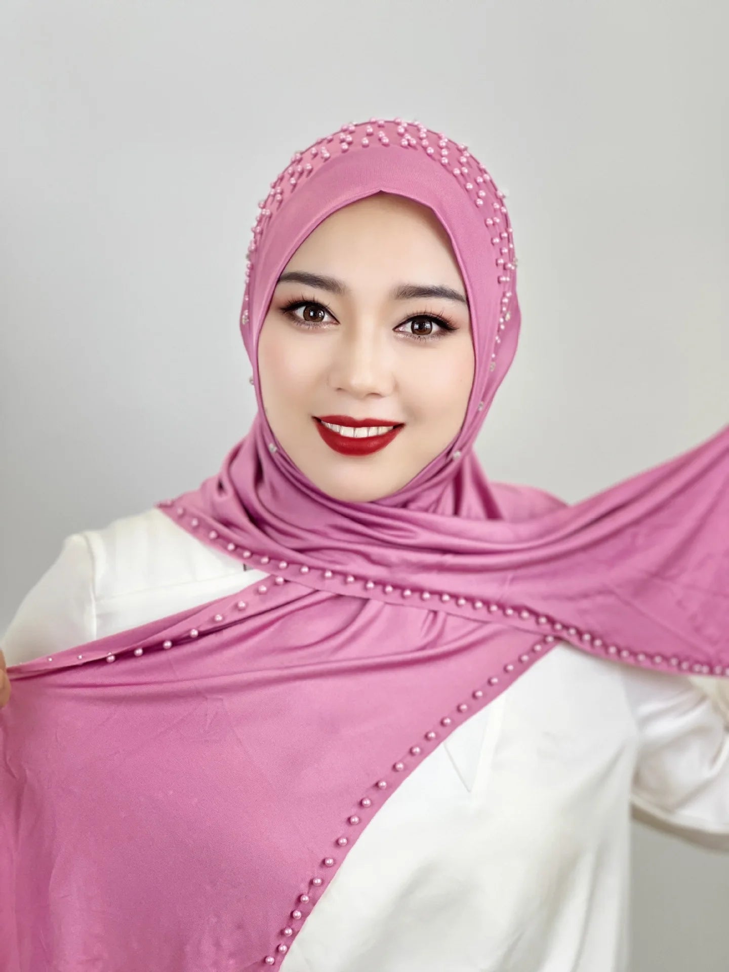 2026 Fashion Versatile Beaded Hijab for Women,Mid-Length Convenient Pull-over Hat Scarf,Malay Shawl Pure Color Women's Headscarf