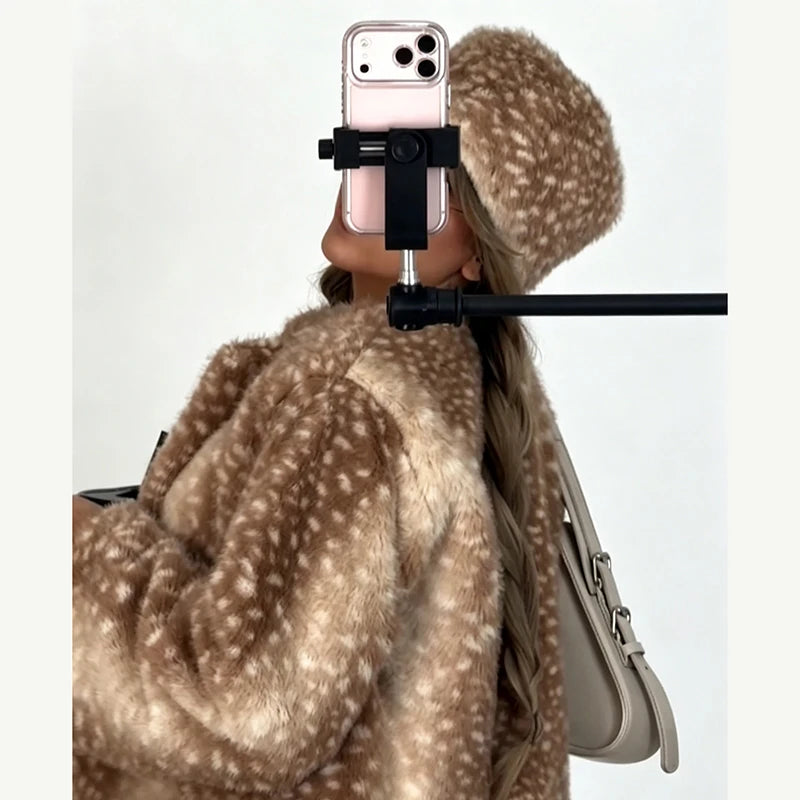 Retro Cute Deer Spot Faux Fur Coat Women Soft Furry Texture Vintage Oversized Jacket 2026 New Warm Elegant Women Street Outwear