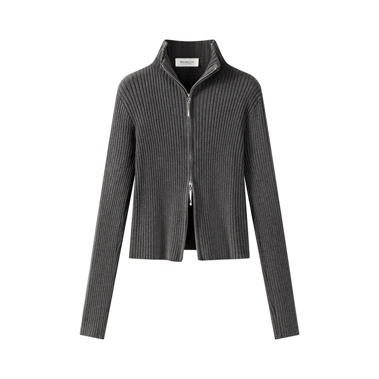 2026 Women's Autumn Winter Knit Cardigan Versatile Office Slim Flattering Cropped Zip-Up Sweater Korean Long Sleeve Outerwear