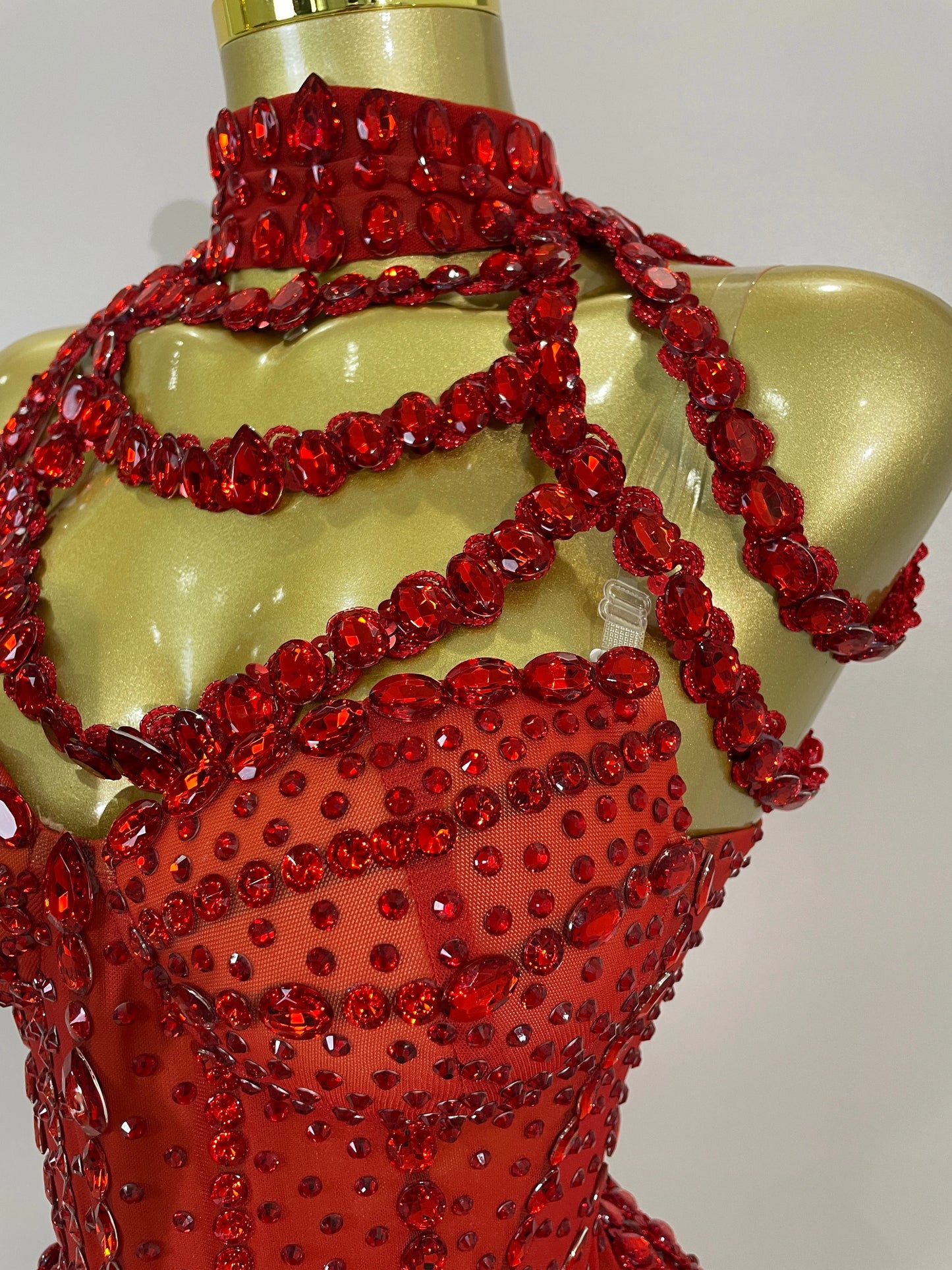 Luxury Sparkly Red Rhinestones Mesh Stretch Bodysuit Women Birthday Party Nightclub Bar Singer Dancer Performance Stage Costume