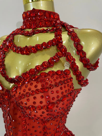 Luxury Sparkly Red Rhinestones Mesh Stretch Bodysuit Women Birthday Party Nightclub Bar Singer Dancer Performance Stage Costume