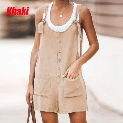 Summer Women's Solid Color Patch Pocket Tied Cotton Linen Suspender Pants Casual Classic Style High Waist Wide Leg