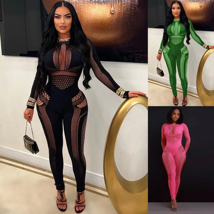 2026 Latest Design Woman Playsuits See Through Mesh Hollow Out Knit Rompers Sexy Clubwear Women's One Piece Bodysuits Jumpsuit