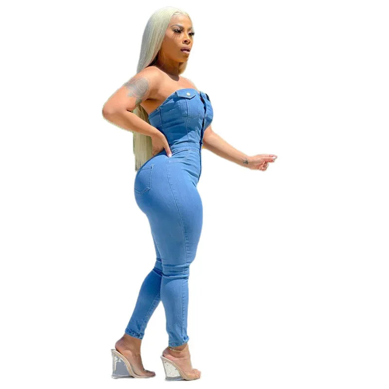 Women 2023 Autumn One Piece Sleeveless Slim Strapless Denim Jumpsuits Tight High Waist Sheath Overalls Long Pants Rompers