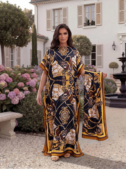 Nautical Sailboat Print Satin Abaya Scarf Set, Loose Batwing Maxi Kaftan For Muslim Women Summer Beach Daily Holiday Wear