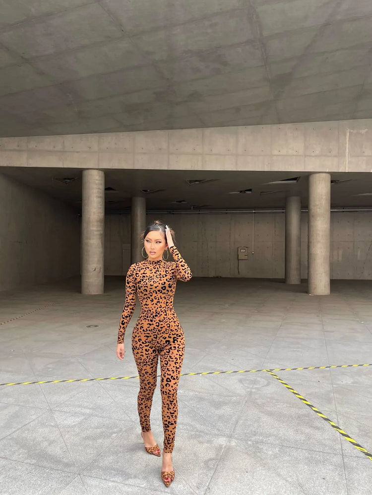 Womens Leopard Print High Neck Long Sleeve Bodysuit Slim Fit Sexy Casual Streetwear Y2K Club Night Out Party One Piece Jumpsuits